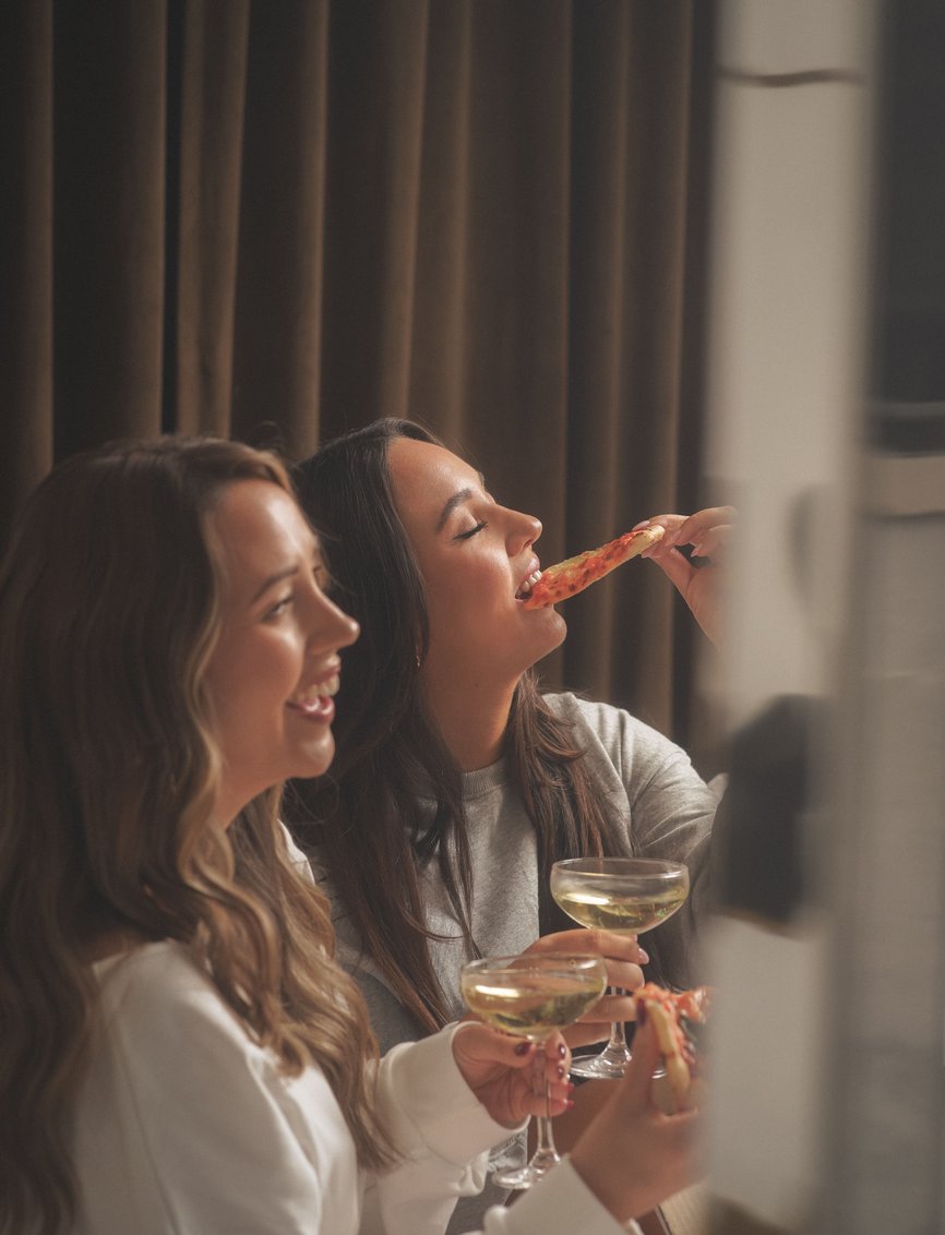 friends eating pizza with drinks